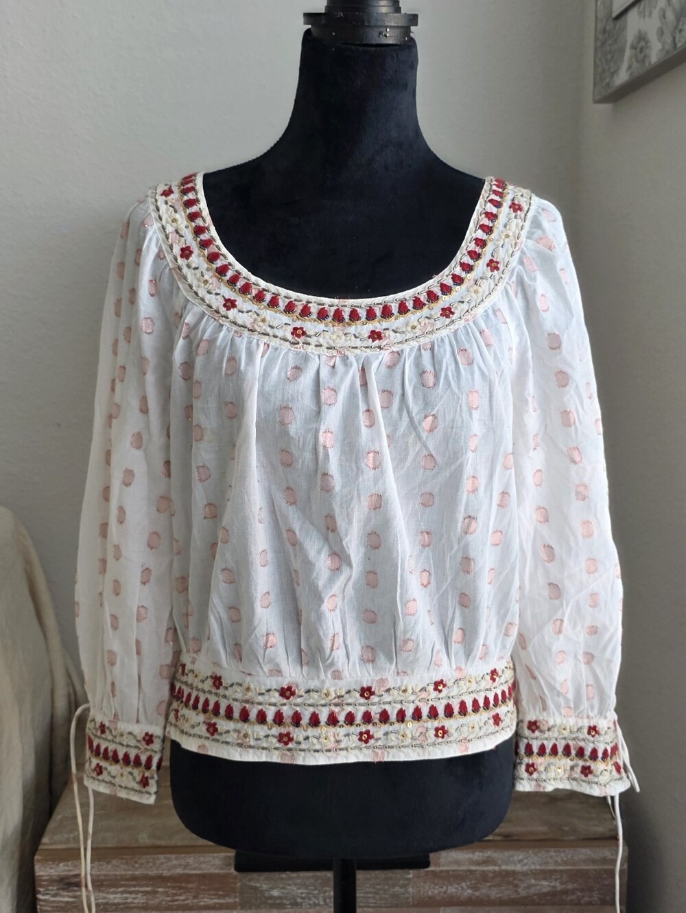 Anthropologie White Peasant Blouse with Pink Dot Print and Red Embroidered Trim